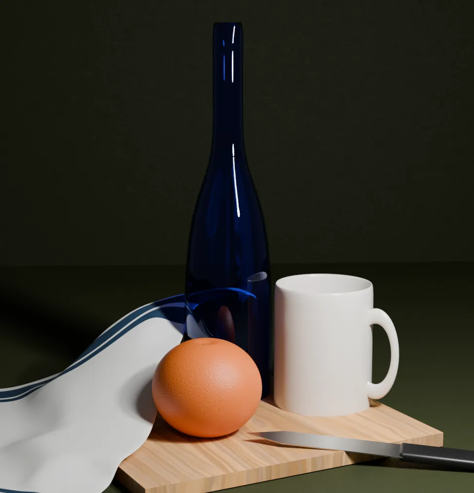 Blender render of a still life: a tall dark-blue glass bottle with bright highlights, a white mug, an orange and a knife on a light wooden board, with a white cloth with navy stripes draped over the left side, against a dark olive background.