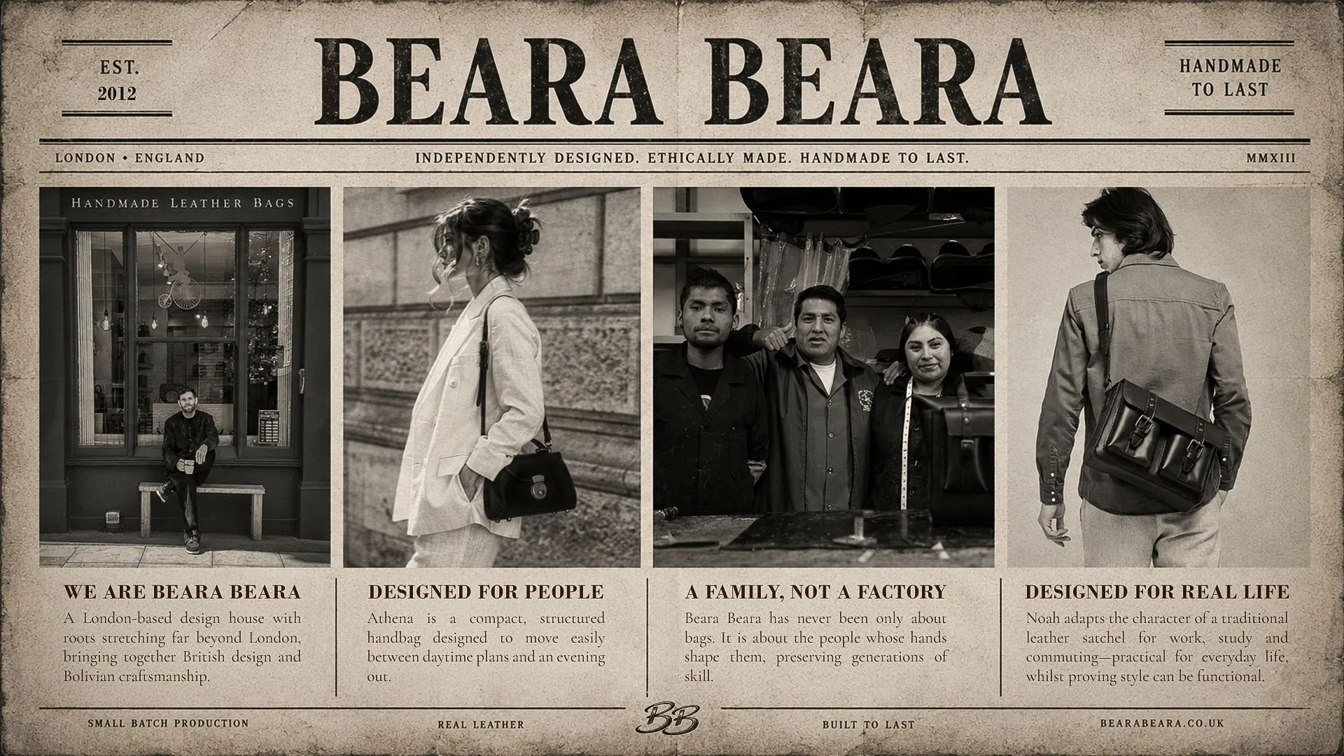 Beara Beara LinkedIn post styled as an aged newspaper front page — a 'Beara Beara' masthead over four sepia photo columns showing the London shop, two bags being worn, and the leatherworkers.
