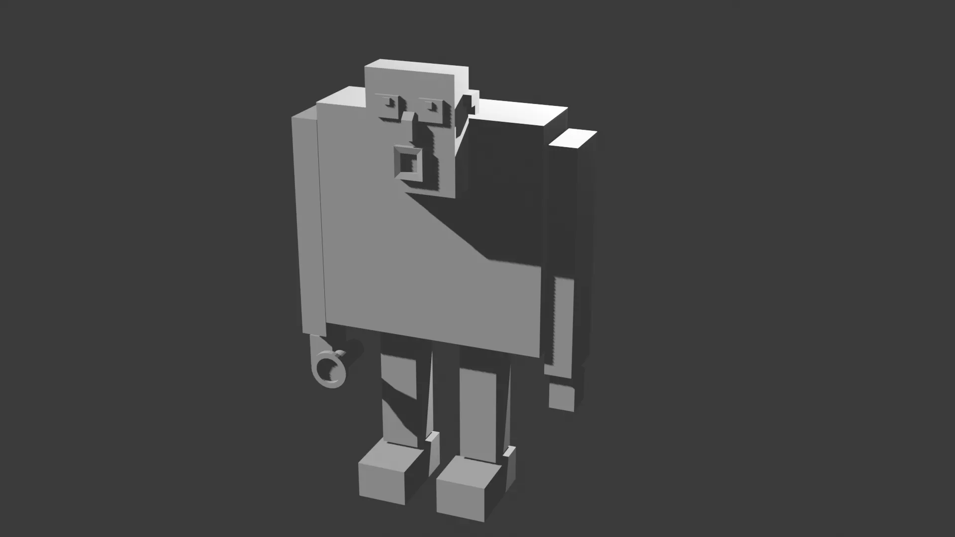 Untextured grey Blender render of a blocky stylised old man with big square shoulders, a surprised open mouth and a ring on one hand, lit with hard shadows on a dark background.