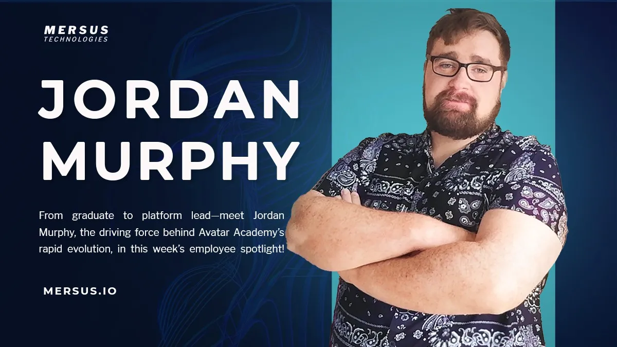 Employee spotlight banner — 'Jordan Murphy' in large white capitals on deep navy, beside a cut-out photo of Jordan with arms crossed against a cyan panel.