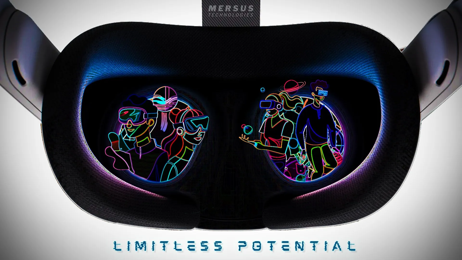 Wireframe stage — the inside of a VR headset, with neon outline figures drawn in glowing line work in each lens.