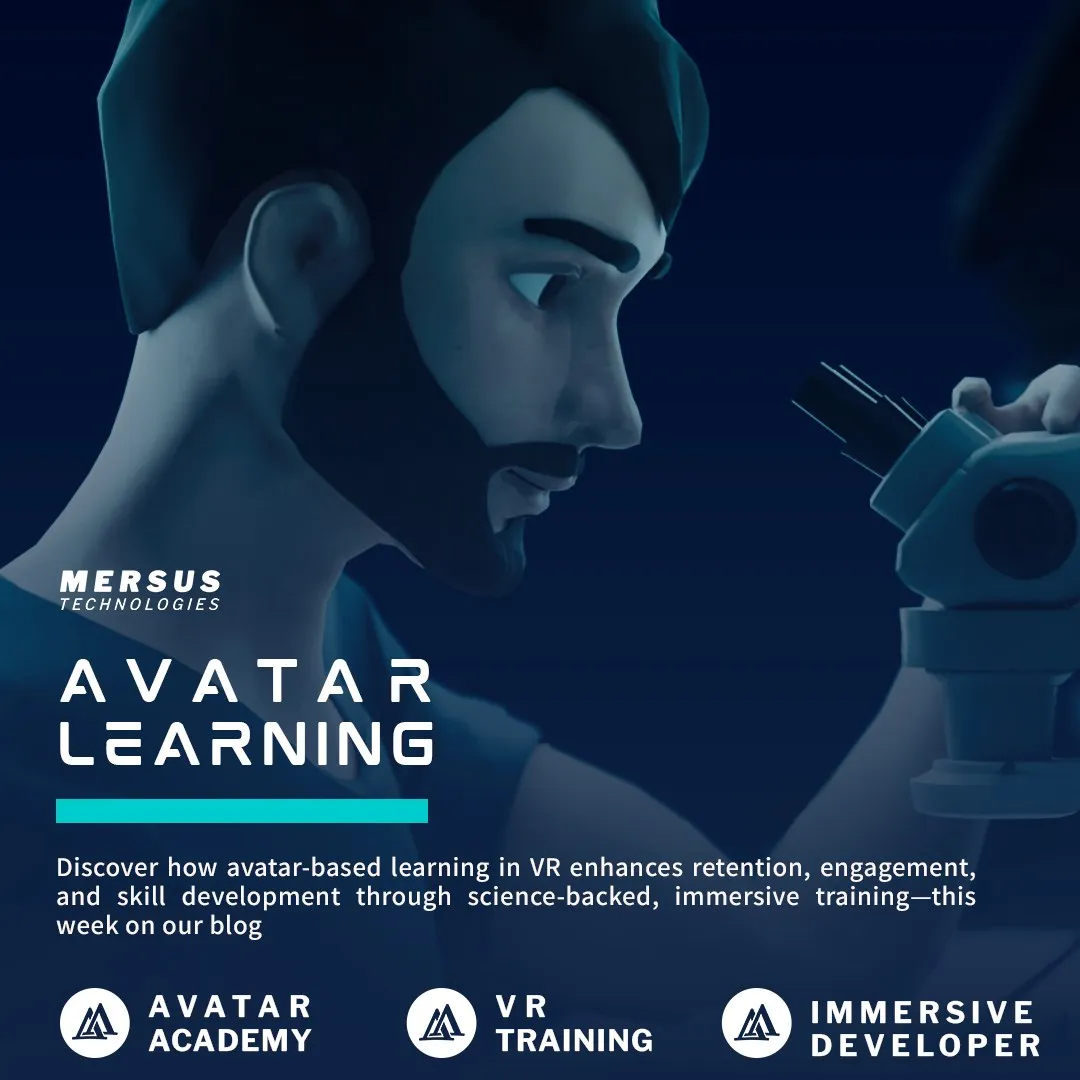Avatar Learning post — a 3D avatar scientist at a microscope in deep blue, with copy on how avatar-based learning in VR improves retention, engagement and skill development, and Avatar Academy, VR Training and Immersive Developer badges.
