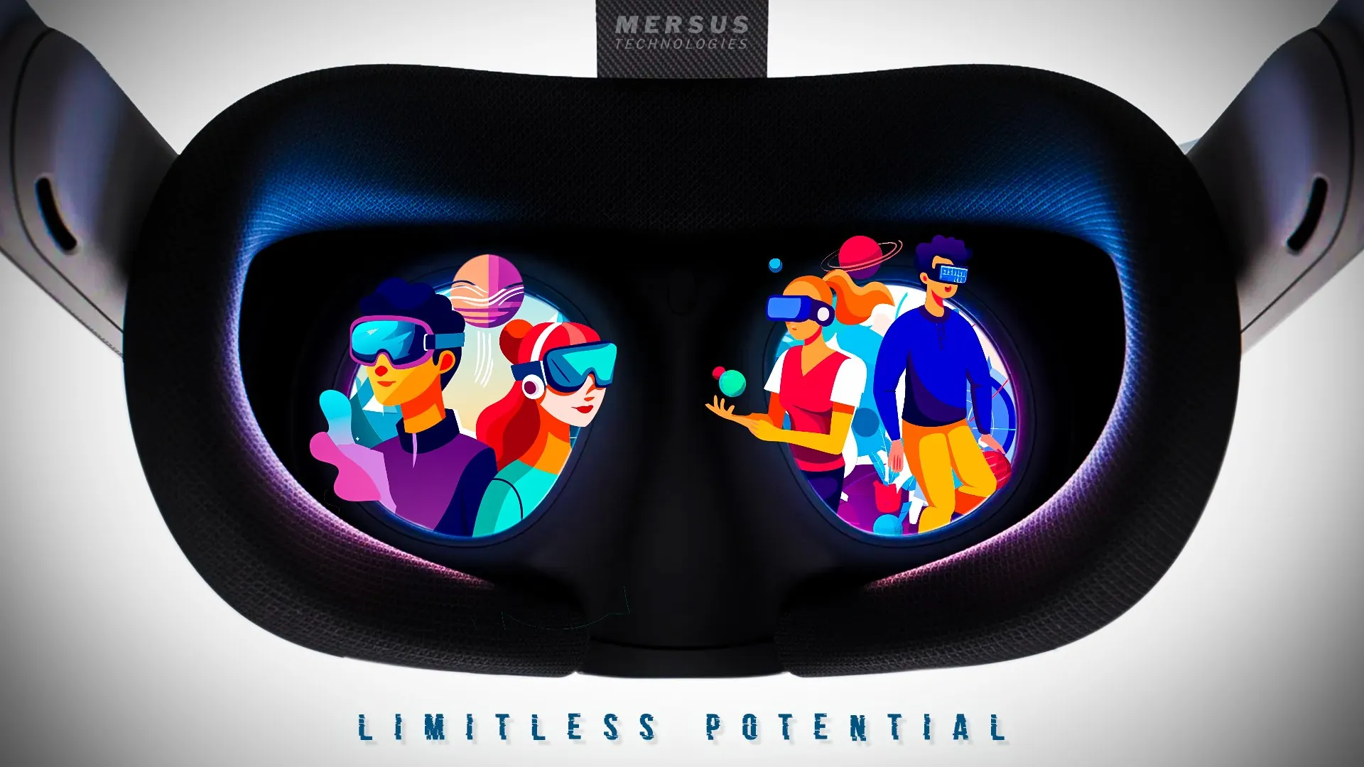 Looking into the lenses of a VR headset, each showing brightly coloured illustrated people wearing headsets, with 'Limitless Potential' beneath.