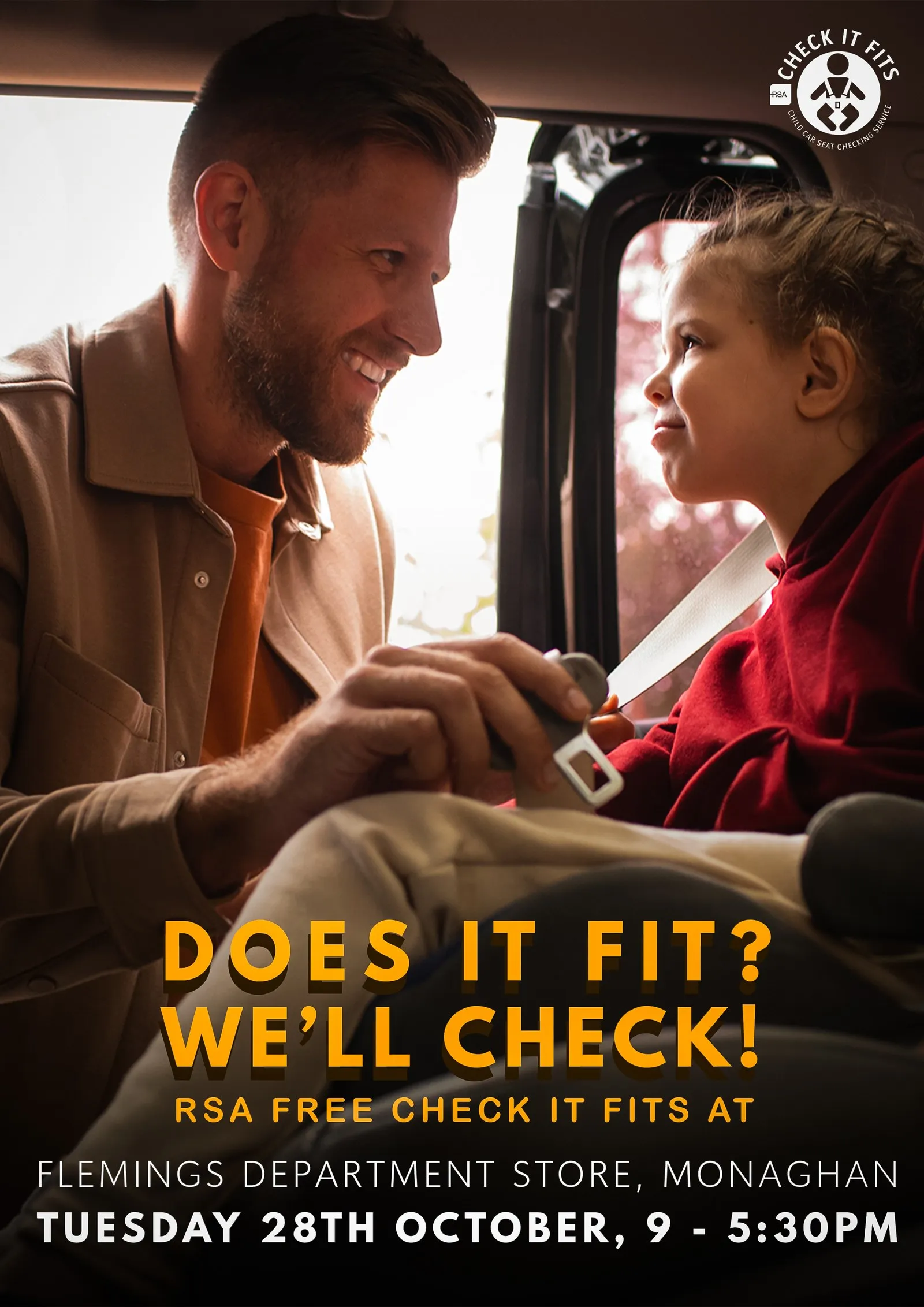 A4 print poster — the same creative with an added 'RSA free Check It Fits at' line.