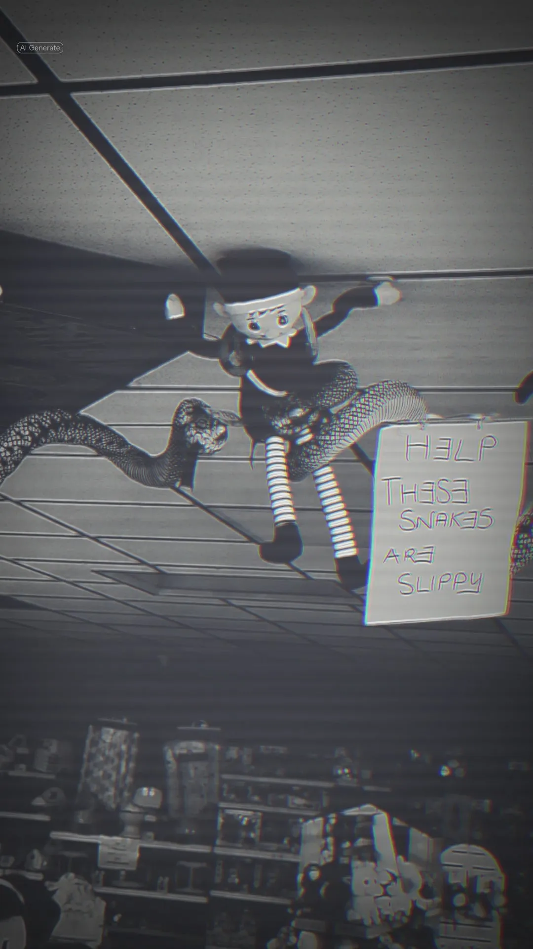 Freddy the Elf tangled with a toy snake hanging from a ceiling tile in the toy aisle, with a handwritten 'Help these snakes are slippy' sign.