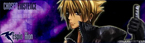 Wide banner with a purple nebula and grid texture: a spiky blond anime character in a black coat holding up a gloved hand. Text reads "Chosen Existence" and "Espio Rion" beside a small silhouette emblem.