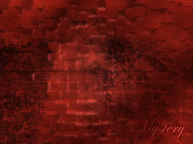 A dark red grunge texture with scratched, glitch-like horizontal bands and blotches, and "Mystery" in red script in the bottom right.