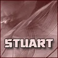 A small square avatar with a dark red border: a rose-tinted feathery texture with "STUART" in chunky bevelled capitals across the bottom.