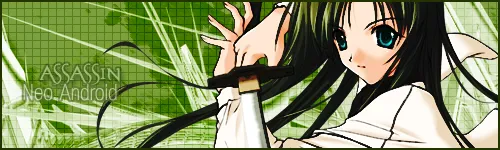 Wide banner washed in green: a grid texture and white radiating lines on the left, an anime girl with long dark hair and green eyes on the right. Text reads "Assassin" and "Neo Android".