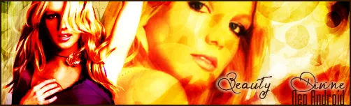 Wide banner in saturated orange, yellow and red: two blended photos of a blonde woman, overlaid with soft bokeh circles, and "Beauty Divine" and "Neo Android" in script.