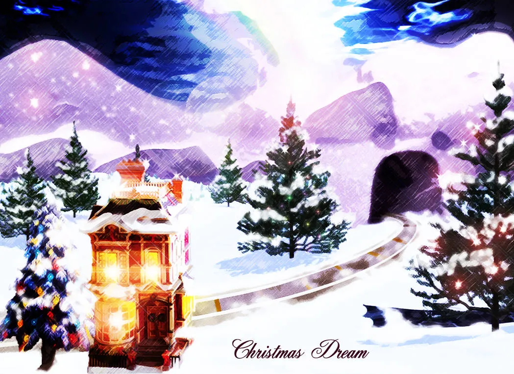A painterly winter landscape: a red house with glowing windows among snow-covered pine trees, a winding path, purple mountains and a starry blue sky, with "Christmas Dream" in script.