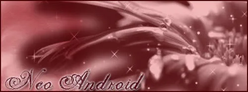 A wide banner of a crimson and pink macro flower with small white sparkles, and "Neo Android" in ornate script at the bottom left.