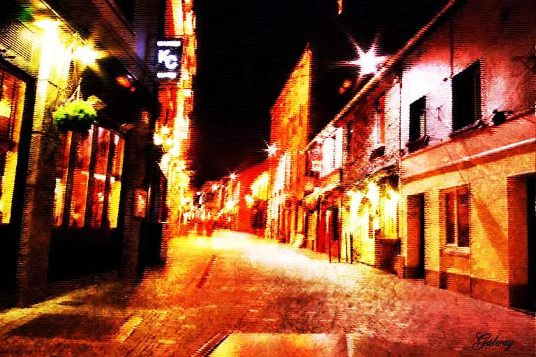 A narrow Galway street at night, the shopfronts and cobbles glowing saturated orange, yellow and red against a black sky, with a gritty texture and "Galway" signed in the corner.