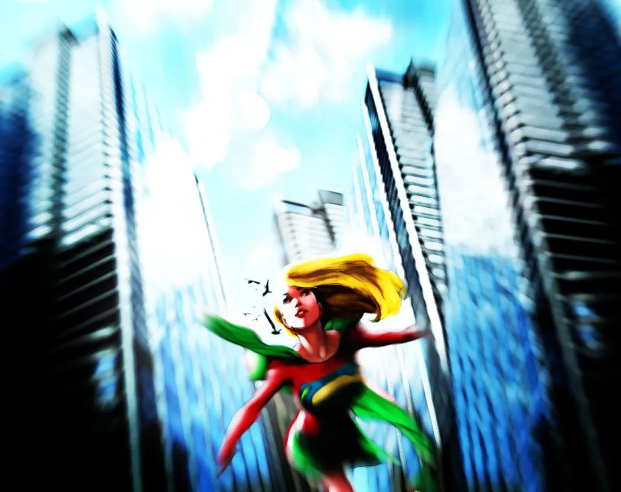 Looking up between tall blue glass skyscrapers into a bright sky, an illustrated Supergirl with blonde hair and a green cape flies towards the viewer, with strong radial motion blur.