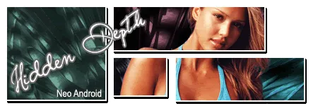Wide banner of four framed panels with white borders: teal feather textures and warm close-up portraits of a woman, with "Hidden Depth" in flowing script and "Neo Android".