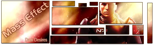 Wide banner broken into a grid of glowing orange and red tiles of different sizes, one showing Commander Shepard in N7 armour. Text reads "Mass Effect" and "Dark Desires".