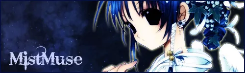 Wide navy banner with a soft starry texture and "MistMuse" in pale lettering, with an anime girl with blue hair and dark eyes surrounded by white flowers and dark berries on the right.