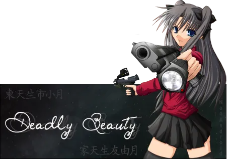 A dark green-black banner with "Deadly Beauty" in white script and faint Japanese characters, with an anime girl with grey twin tails aiming a handgun breaking out of the top of the frame.