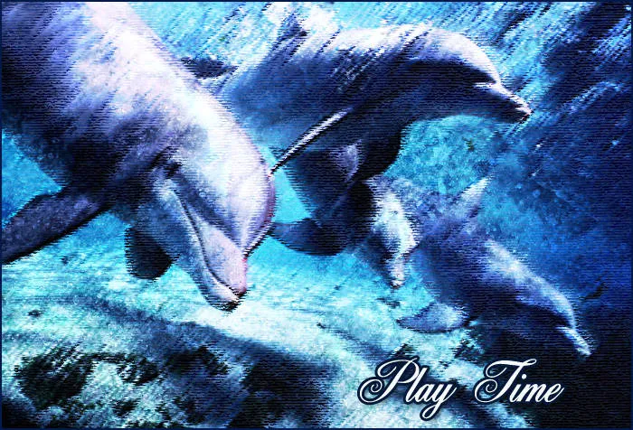 Three dolphins swimming under water in cool blue light, with a heavy canvas texture over the image and "Play Time" in white script.