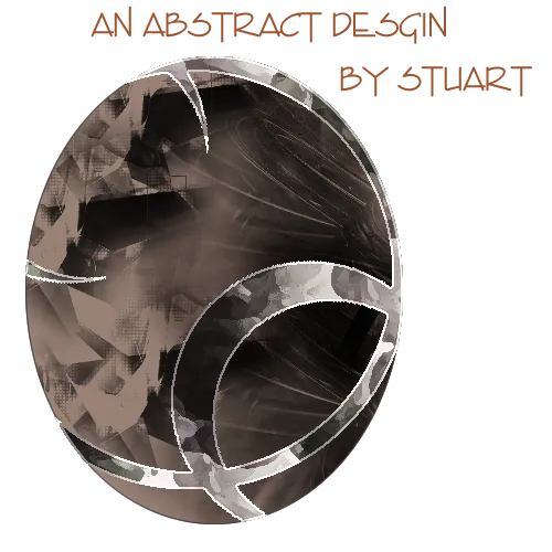 A tilted oval filled with fragmented grey and brown brush shapes, wrapped by silver crescent-shaped bands, with "An Abstract Desgin By Stuart" in orange capitals above.