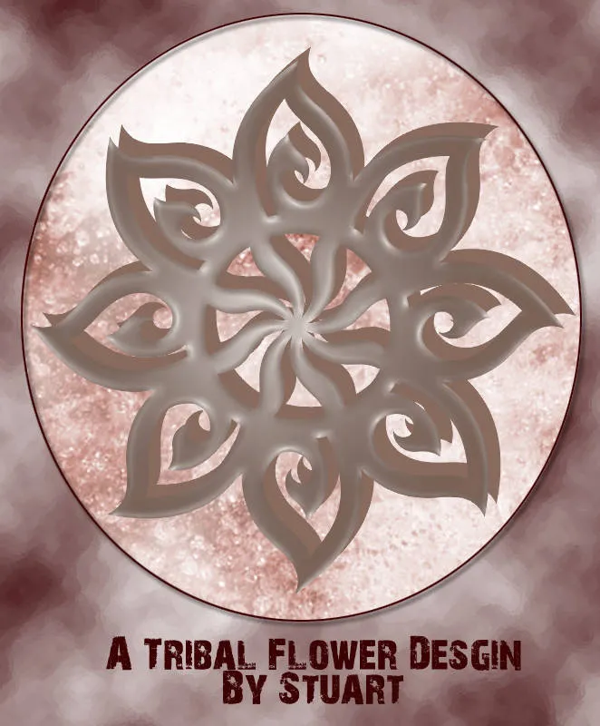 A symmetrical eight-petalled tribal flower with curling, blade-like petals and a bevelled, metallic finish, inside a pale circle on a mottled rose and brown background, with the text "A Tribal Flower Desgin By Stuart".