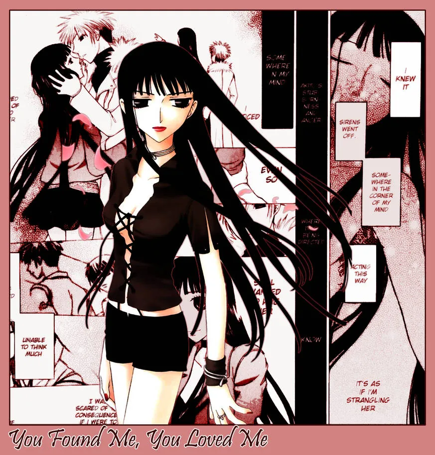 A character with very long black hair in a black outfit stands in the foreground, over a background of manga panels tinted red and pink, framed by a pink border with "You Found Me, You Loved Me" in script.